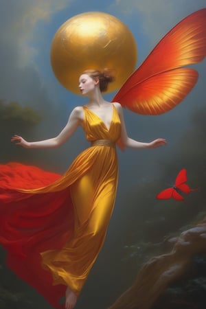 
she flew in golden orb, scarlet wing, silk aloft, dream state