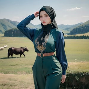 Masterpiece, Extremely realistic, Masterpiece, Extremely realistic, 3 women, grassland, A large herd of yaks, grassland, wide-angle lens,hijab,blue sky. detailed face, medium breasts, wider hips, blouse, (hijab, colorful hijab), pants, green military uniform, (detailed background), fine detailed, intricate detail, ray tracing, depth of field, 