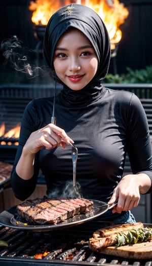 1girl, blue sky, cowbow shot, close-up, 8k, RAW photo, best quality, masterpiece,realistic, photo-realistic, A beautiful girl who is grilling steaks, grill, steaks, smoke, grill tongs,The burning coals,hijab,smile,Grilled meat on a grill with charcoal underneath the grill,night,stars,