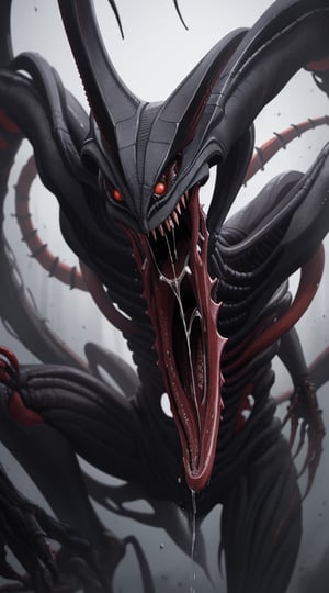 A sleekly menacing Xenomorph creature, the fusion of the joker.its exoskeleton gleaming with an otherworldly sheen as acidic drool drips from razor-sharp fangs. The deeply shadowed, meticulously detailed painting captures the alien's eerie beauty, with intricate biomechanical details and a sense of impending danger. The image is a masterful display of sci-fi horror, with every sinister curve and shadow expertly rendered to evoke both fascination and terror.