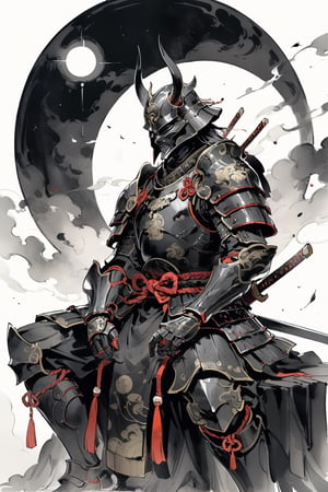 darth vader, weapon, armor,  japanese armor, helmet,  samurai, shoulder armor, moon, sheath, horns, gauntlets, sheathed, mask, standing, kusazuri, kabuto \(helmet\), pauldrons, full moon, full armor, fake horns, (sitting, indian style:1.2), masterpiece, best quality, aesthetic, chinese ink painting, 