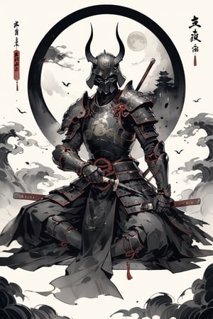 darth vader, weapon, armor,  japanese armor, helmet,  samurai, shoulder armor, moon, sheath, horns, gauntlets, sheathed, mask, standing, kusazuri, kabuto \(helmet\), pauldrons, death star, full armor, fake horns, (sitting, indian style:1.2), masterpiece, best quality, aesthetic, chinese ink painting, 