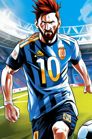 Generate an image of messi from Dragon Ball wearing a modern football argentina jersey with the number 10 and the name 'Instinct' on the back. Show messi in a dynamic football pose, ready to kick a football with intensity and skill. Ensure the jersey design blends elements of Goku's Saiyan attire with a recognizable football uniform style. Place messi in a football stadium setting, with goalposts and cheering fans in the background. The image should emphasize messi's determination and strength in the context of football, symbolizing his readiness to excel in both sports and embodying the excitement of a football match