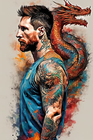 A view of bare back of mid-aged side face, messi argentina, covered with a vibrant full body dragon tattoo, upperbody portrait, post-processing rendering, transition between two styles in art, Ink drawing to Cinematic brilliant color realism, masterpiece, surrealism, ultra detailed, high resolution
