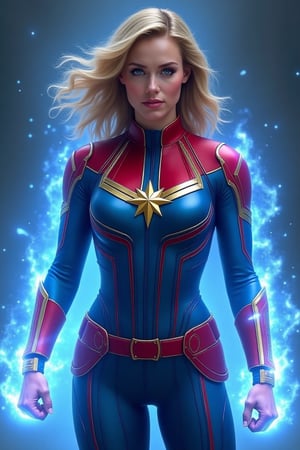 Muscular Captain Marvel in the costume she wore in her movie, with a mystical blue aura surrounding her body. Create an epic scene with magic