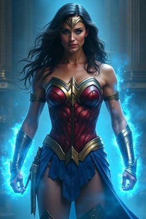 Muscular Wonder Woman in third person, with the costume she wore in her last movie, with her crown placed on her forehead, with a mystical blue aura surrounding her body. Create an epic scene with magic and glow