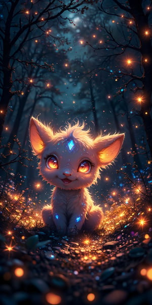 In this whimsical anime-inspired scene, a diminutive Pokémon monster emerges from a sea of twinkling fireflies, its iridescent body aglow with an ethereal light. Framed against the fiery forest backdrop, the creature's bright, shimmering eyes sparkle like diamonds as it poses amidst the fluttering insects. The lighting is warm and intimate, with the soft glow of the fireflies illuminating the Pokémon's joyful expression, radiating warmth and wonder.