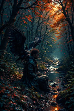 A lone deity of magic, with normal skin tone, sits majestically amidst a forest landscape, bathed in vibrant, cinematic lighting. His finely detailed features are showcased in a close-up shot, with crows' metallic ink adorning the surrounding foliage. A mystical river flows behind him, shrouded in darkness, as if infused with ancient magic. The atmosphere is dark and mysterious, evoking gothic art's eerie essence. In the style of Drew Struzan and Karol Bak, Russ Mills' dragonlike qualities are subtly incorporated, while Ilya Kuvshinov's attention to detail creates a breathtakingly fine art painting.