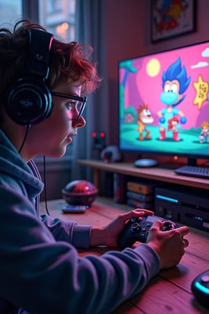 A close-up shot of a bespectacled 'weirdo' gamer, eyes wide with excitement, fingers flying across the controller as they conquer an epic quest. The camera zooms in on their intricately designed gaming setup, with neon-lit cables and precision-cut foam inserts. In the background, a giant TV screen displays 8K animation of Cartoon Network's most iconic characters. The subject's messy room is filled with retro consoles, vintage toys, and stacks of graphic novels.