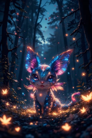 In this whimsical anime-inspired scene, a diminutive Pokémon monster emerges from a sea of twinkling fireflies, its iridescent body aglow with an ethereal light. Framed against the fiery forest backdrop, the creature's bright, shimmering eyes sparkle like diamonds as it poses amidst the fluttering insects. The lighting is warm and intimate, with the soft glow of the fireflies illuminating the Pokémon's joyful expression, radiating warmth and wonder.