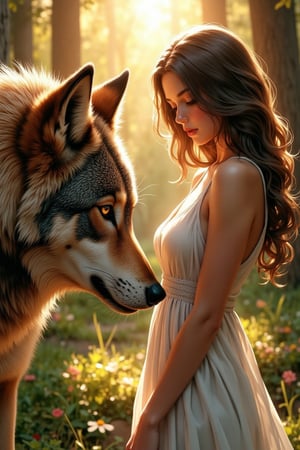 (masterpiece), (best quality),(ultra-detailed),(illustration),(extremely detailed),(perfect anatomy),(super detailed skin). A striking illustration of a wild wolf, its eyes locked on a beautiful, curvy woman who exudes confidence and allure. The woman, wearing a flowing white dress, stands tall and unperturbed, her body language asserting dominance over the wolf. The background is a lush forest, with a golden sunset casting warm hues over the scene. The illustration captures a powerful dynamic between the wild and the captivating, with an intriguing twist on the traditional hunter-prey dynamic., illustration