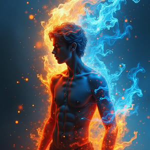 Create an abstract representation of a person surrounded by blue and orange flames with a focus on contrasting elements and dynamic movement