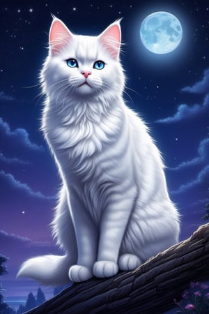 Detailed fine art print of a (Disney-style Beautiful white pussy Cat) standing in a moonlit ,  night time, dark sky, moonlight, sharp soft focus, illustration, an intricate, elegant and highly detailed digital painting, conceptual art award, colorful sharp soft focus, illustration, 