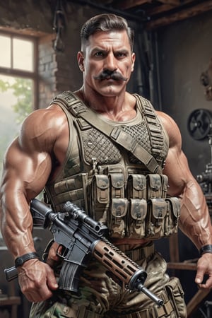 , A muscular man with moustache, warrior. with a machine gun in his hand, wearing army uniform,studio photo, intricate details, highly detailed,  XL, hyper detailed, realistic, oil painting,cinematic lighting, ultra hd, realistic, vivid colors, highly detailed, UHD drawing, pen and ink, perfect composition, beautiful detailed intricate insanely 8k artistic photography, photorealistic concept art, soft natural volumetric cinematic perfect light, 