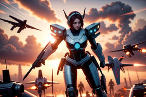 (masterpiece), science fiction, scenery,  1girl, short hair, bangs, orange hair color, blue eyes, mecha white headgear, sci-fi armoured, gun attached bodysuits, ,C7b3rp0nkStyle, full body shot, upper body, body curve, dynamic pose, holding gun in her hand, sunlight, hd animated war background, daylight, focus eyes, ,Enhance, symmetrical, warcraft, warship in the background, hd blur background, war planes flying in the background, war scenes, full war scene, ,<lora:659111690174031528:1.0>