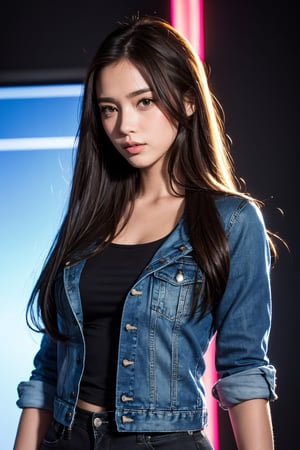 photorealistic, masterpiece, best quality, raw photo, 1girl, solo, long hair, brown hair, detailed face, alluring face, black round neck t-shirt, blue denim jacket, full sleeves, dynamic pose, looking at viewer, glossy lips, detailed background, fine detailed, intricate detail, low key, hdr, medium upper body shoot, neon lights at the background, neon lights, sparkling,