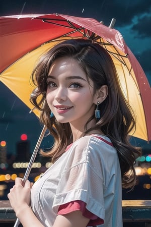 (masterpiece), (cinematic, city lights:1.2), city, neon city lights, overcast, rain, raining heavily,  1girl, preetiest girl ever, preetiest face, medium hair, red wavy hair, umbrella in her hand, wearing_earrings,smiling, sensual_smile, fully_clothed_portrait, natural lights, UHD image, 