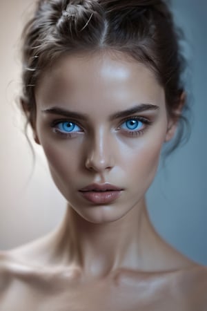 Future human nude young and beautiful faced woman, sensual, Hyper detailed, light blue eyes, dark-brown_hairs, glossy_lips, sharp focus, shallow depth of field, terrifying impact,photorealistic