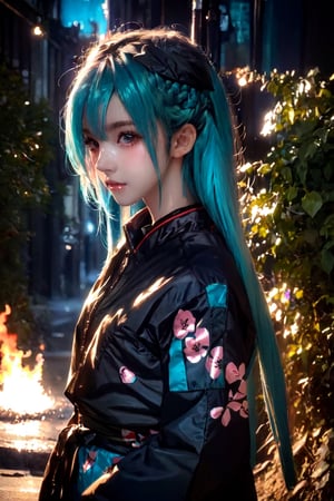 a Japanese ninja girl, long cyan fire hair, high quality, high resolution, high precision, realism, color correction, proper lighting settings, harmonious composition,yiyao