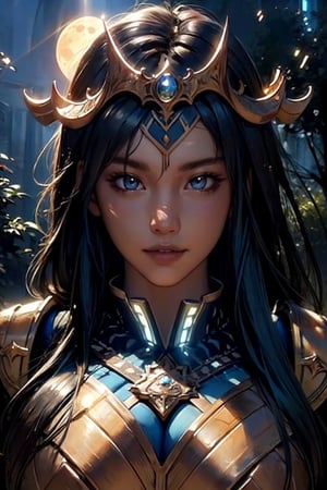 (yiyao), The moonlight shines down upon it, bringing with it swirling magical lights, the forbidden tree, blue moon, dynamic lighting, Armor, head ornaments, fantasy concept art,upper body, detailed face, detailed eyes, sharp pupils, (detailed background)