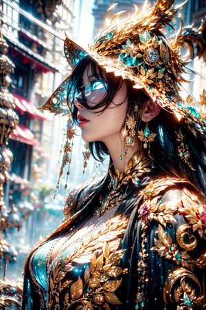 Hyperrealistic vision of a female witch wearing teal haute couture blending stainless steel and translucent acrylic parts. Morion helmet. Cyberpunk city in the background. Rain. Mist. Close up. High angle. High-resolution details, digital artwork, illustrative, painterly, matte painting, highly detailed. Cluttered maximalism. ,cyber,japanese art,(black and white entanglement),(crystal and silver entanglement),(Tsukuyomi)