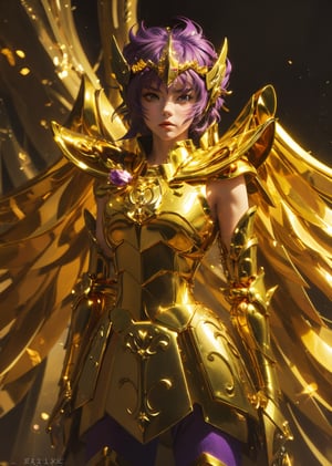  (masterpiece, top quality, best quality, official art, beautiful and aesthetic:1.2), (1girl), extreme detailed,(fractal art:1.3),colorful,highest detailed,Dreamy Atmosphere,Bright color,Complete clothes,
1 girl wear golden AriesArmor, golden armor, solo, medium purple hair, black eyes, angry, looking at viewer, focused face, detailed face, vibrant colors, symmetric eyes, visible lips, standing, (upper body:1.2), Shoulder_armor decoration, Golden armor, Helmet, Armor, Sagittariusarmor, Long golden wings, 