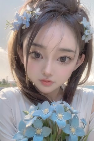  A beautiful woman. Best Quality, Crazy Details and Sharp Focus, Masterpiece, Professional, Award Winning, Fine Detail, High Detail, UHD, 64k, Soft Look,shy,smile,flower forget me not field,wind,myanxin_SD