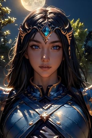 (yiyao), The moonlight shines down upon it, bringing with it swirling magical lights, the forbidden tree, blue moon, dynamic lighting, Armor, head ornaments, fantasy concept art,upper body, detailed face, detailed eyes, sharp pupils, (detailed background)
