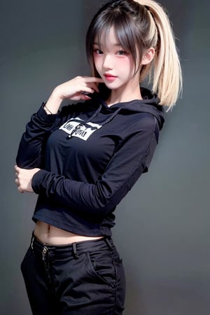 yiyao, photo of a beautiful girlfriend\(woman\) in her teens, blonde ponytail_hairstyle, 1girl, petite, perfect fingers,(black hoodie), BREAK dynamic_posing, simple white background, soft bounced lighting, (rule_of_thirds:1.3),consistent photos,(black background),1 girl,full body,longshot,black shortpants,black sneaker