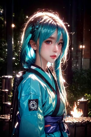 a Japanese ninja girl, long cyan fire hair, high quality, high resolution, high precision, realism, color correction, proper lighting settings, harmonious composition,yiyao