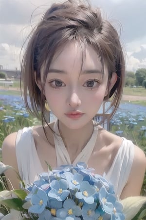  A beautiful woman. Best Quality, Crazy Details and Sharp Focus, Masterpiece, Professional, Award Winning, Fine Detail, High Detail, UHD, 64k, Soft Look,shy,smile,flower forget me not field,wind,myanxin_SD