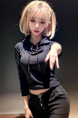 yiyao, photo of a beautiful girlfriend\(woman\) in her teens, blonde ponytail_hairstyle, 1girl, petite, perfect fingers,(black hoodie), BREAK dynamic_posing, simple white background, soft bounced lighting, (rule_of_thirds:1.3),consistent photos,(black background),1 girl,full body,longshot,black shortpants,black sneaker