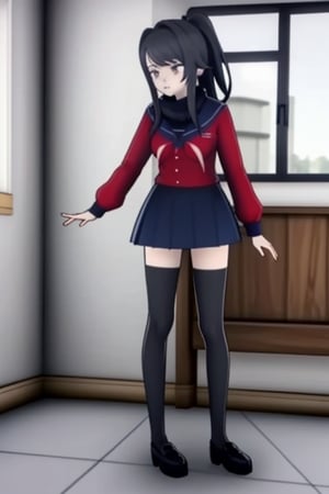 Ayano Aishi has pale skin, dark grey eyes, and straight, long black hair. She stands at a height of 165 cm (5 ft 5 in), weighs 43.5 kg (96 lbs), [9] and has average-sized breasts. [10] Her hair is tied into a high ponytail with sharp bangs swept to the right, the middle one being the most prominent, and two strands of hair that frame her face, reaching to her shoulders. As of August 15, 2019 build, she can purchase hair dye and bleach her hair blonde, in order to meet one of the requirements for joining the delinquents.

Ayano is seen wearing a white and navy blue sailor uniform shirt with a red mini scarf, a matching navy blue skirt, black thigh high socks, and black shoes. Unless changed into indoor shoes which are white with blue on the tip. Her uniform can be customized. In all uniforms, she wears black thigh high socks.,yandere_style,<lora:659111690174031528:1.0>