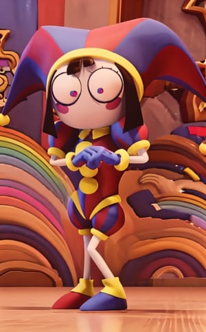 1girl, solo, indoors, full body, standing, pomni, multicolored clothes, jester cap, puffy short sleeves, gloves, buttons, colored skin, symbol-shaped pupils, red eyes, blue eyes
(3D Cartoon),<lora:659111690174031528:1.0>