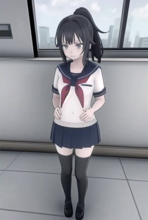 1girl ayano_aishi pale_skin black_hair  grey_eyes ponytail sailor_uniform black_long_sock standing thighhighs, yandere_style,,<lora:659111690174031528:1.0>