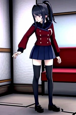 Ayano Aishi has pale skin, dark grey eyes, and straight, long black hair. She stands at a height of 165 cm (5 ft 5 in), weighs 43.5 kg (96 lbs), [9] and has average-sized breasts. [10] Her hair is tied into a high ponytail with sharp bangs swept to the right, the middle one being the most prominent, and two strands of hair that frame her face, reaching to her shoulders. As of August 15, 2019 build, she can purchase hair dye and bleach her hair blonde, in order to meet one of the requirements for joining the delinquents.

Ayano is seen wearing a white and navy blue sailor uniform shirt with a red mini scarf, a matching navy blue skirt, black thigh high socks, and black shoes. Unless changed into indoor shoes which are white with blue on the tip. Her uniform can be customized. In all uniforms, she wears black thigh high socks.,yandere_style,<lora:659111690174031528:1.0>