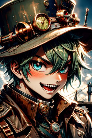 High quality, masterpiece, eyesgod, niji, perfect light, 1 boy, short bright green hair, blue eyes, steampuk outfit, steampunk hat, flying in a steampunk style airship, full-body_portrait, laughing