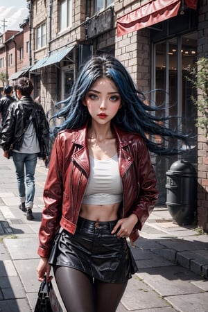 High quality, masterpiece, 1girl, sole_female, 21 years old,  
undercut blue hair, brigth_gray_ pupils, ,Sexy Women, red leather jacket, white crop top, black mini skirt, black pantyhose, walking through a shopping center