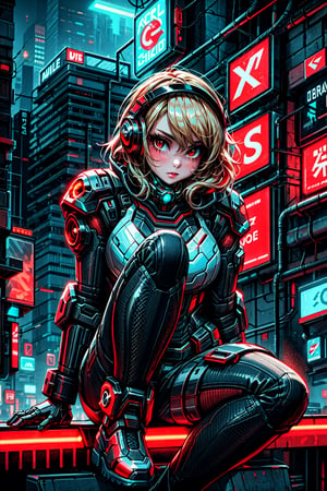 High quality, masterpiece, 1girl, sole_female, shiny ligth blonde hair, red_eyes, cyborg girl, body completely covered in cyberpunk armor, sitting in front of a giant neon sign, with headphones, full_body