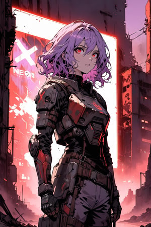 High quality, masterpiece, eyesgod, niji, perfect light, 1 boy, sole male, long curly bright light purple hair, red eyes, post-apocalyptic futuristic armor, standing in front of a giant neon sign, full_body, full-body_portrait,Comic Book-Style 2d