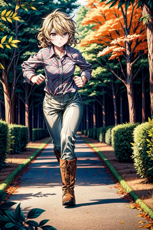 High quality, masterpiece, 1girl, sole_female,  brigth_gray_eyes, eyesgod, curly shiny blonde hair, plaid shirt, sports pants, lumberjack boots, running through the vegetation of a forest in the middle of autumn