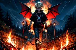 High quality, masterpiece, rayearth, 1 boy, sole male, shiny straight blonde hair, brigth red eyes, trench sweatshirt, denim pants, lumberjack boots, fingerless gloves, white unprinted t-shirt, demon wings, demon horns, walking near a bonfire, demon tail