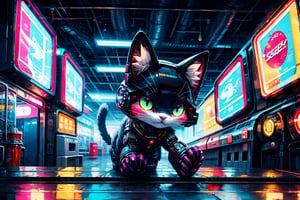High quality, masterpiece, a robocat walking over a neon sign