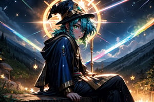 High quality, masterpiece, rayearth, 1 boy, sole male, shiny ligth blue hair, bright green pupils, classic wizard robe, wizard hat, sitting and observing a star showers in the distance