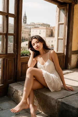 Create a serene scene depicting a beautiful 18-year-old girl sitting confidently with her legs open, gazing straight ahead amidst the charming backdrop of an old European city. Her stunning face, considered a masterpiece, is framed by the peeling paint walls and ornate wooden doorframes. The soft sepia tones add warmth to the atmosphere as she wears her dress seductively, with the shoulder strap hanging casually. Capture the carefree spirit emanating from her position on sun-kissed cobblestones, subtly incorporating ancient Roman elements into the composition.