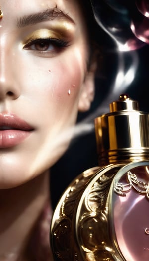 Pink perfume bottle, Close up shot of a woman's neck with, beautiful neck, beautiful realistic lips:, shape of a woman's body, woman's silhouette, gold, background of wavy black velvet fabric, backlight, interesting dynamic perspective, macro shot, HD, 4K, volume light, with mist in the air, atomized tiny water drops, very realistic, readable fonts and text, advertising, text "Gucci 1955“,(PnMakeEnh)