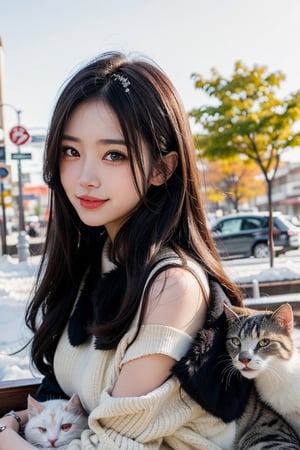 smile, beautiful woman, a snow-white husky,whose fur gleams pristine in the winter sunlight, The woman's demeanor exudes gentleness and affection, a serene winter street, trees lining the sides covered in white snow,warmth and happiness, photo r3alm, Extremely Realistic, Cats, better hands ,FilmGirl,Japanese Girl - SDXL,Hong Kong street 
