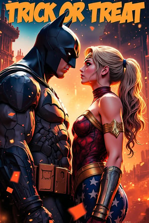 Image of Harley Quinn is dressed as (Wonder Woman). Cosplay photo. She is standing shocked infront of the Batman Batman. with text on top saying "TRICK OR TREAT", romantic, full body image, halloween themed, 1980's, (detailed text), (detailed face and eyes:1.2), hyper details, masterpiece, best quality, best image, 16K UHD.