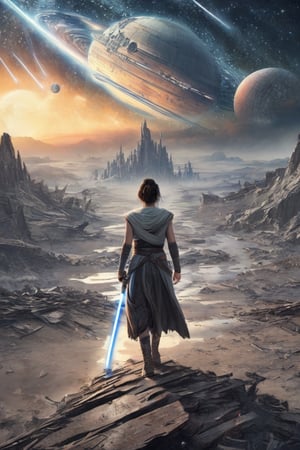 Ultra High quality image of (Rey Skywalker) walking alone, abandoned and stranded on clif and with ((distant view) of milky way in the night sky), (half destroyed death star), dystopian, dramatic lighting, perfect image for Mobile wallpaper, 16K, UHD, ((masterpiece:1.2)), ((best quality:1.2)), ((extreme long shot)), ((greatest of all time))