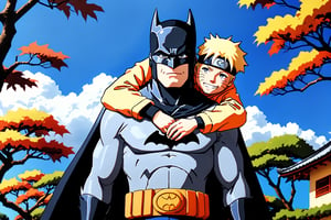 2boys, Photo of adult Batman and young Naruto, Batman is carrying Naruto on his shoulders, happiness, school background, (detailed batman), (detailed Naruto) best image, best quality, masterpiece, detailed, best character design, 16K UHD